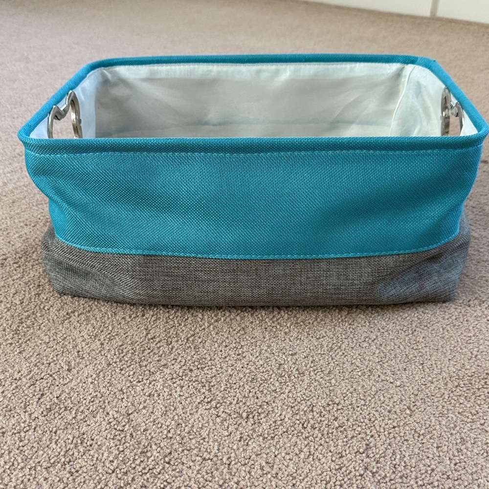 Turquoise and Gray Fabric Storage Bin for pet toys. Dog bone handles.